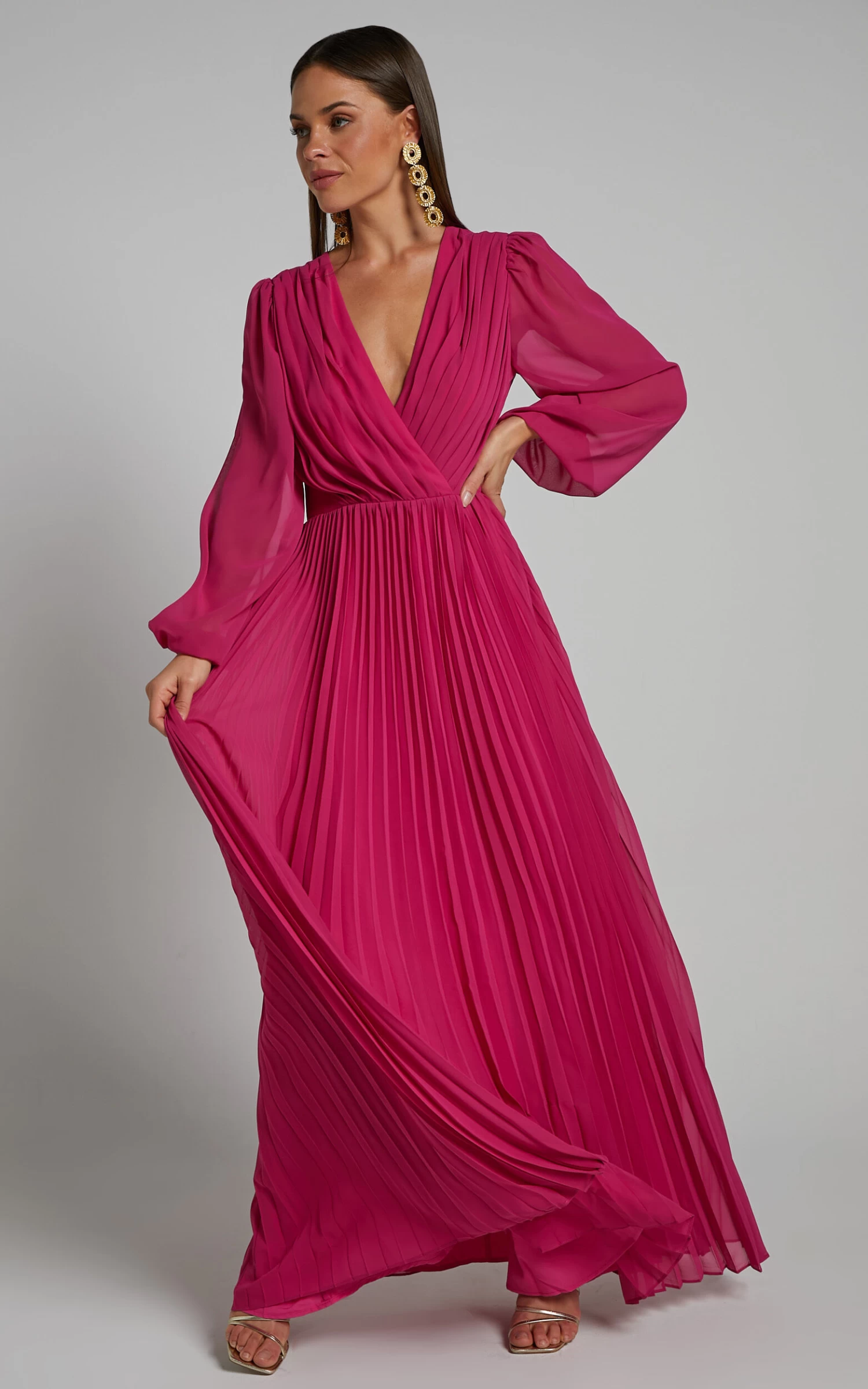 Showpo Palatine Long Sleeve Wrap Pleated Maxi Dress In Pink - Image 5
