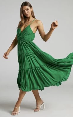 Showpo Phaloma V Neck Tiered Midi Dress In Emerald