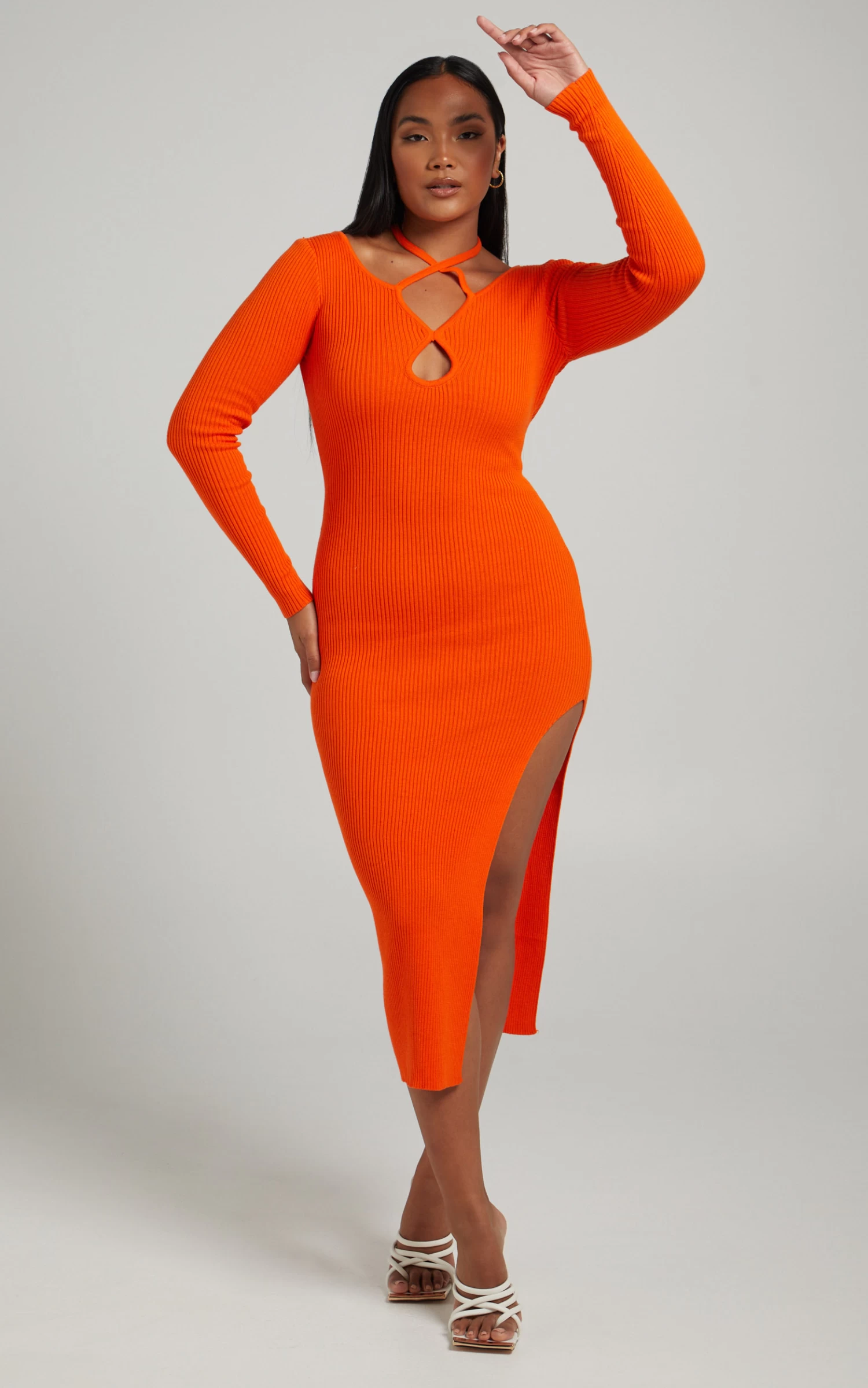 Showpo Vallery Ribbed Long Sleeve Halter Neck Midi Dress In Orange - Image 2