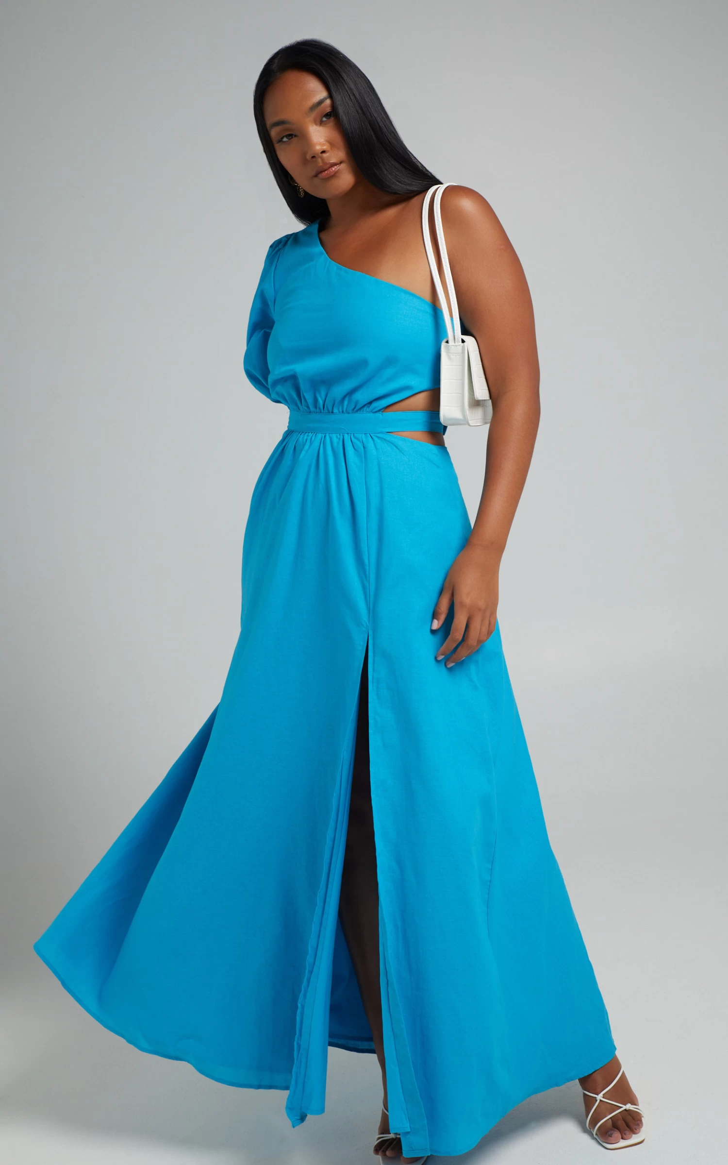 Showpo Cedie One Shoulder Puff Sleeve Maxi Dress In Blue - Image 6
