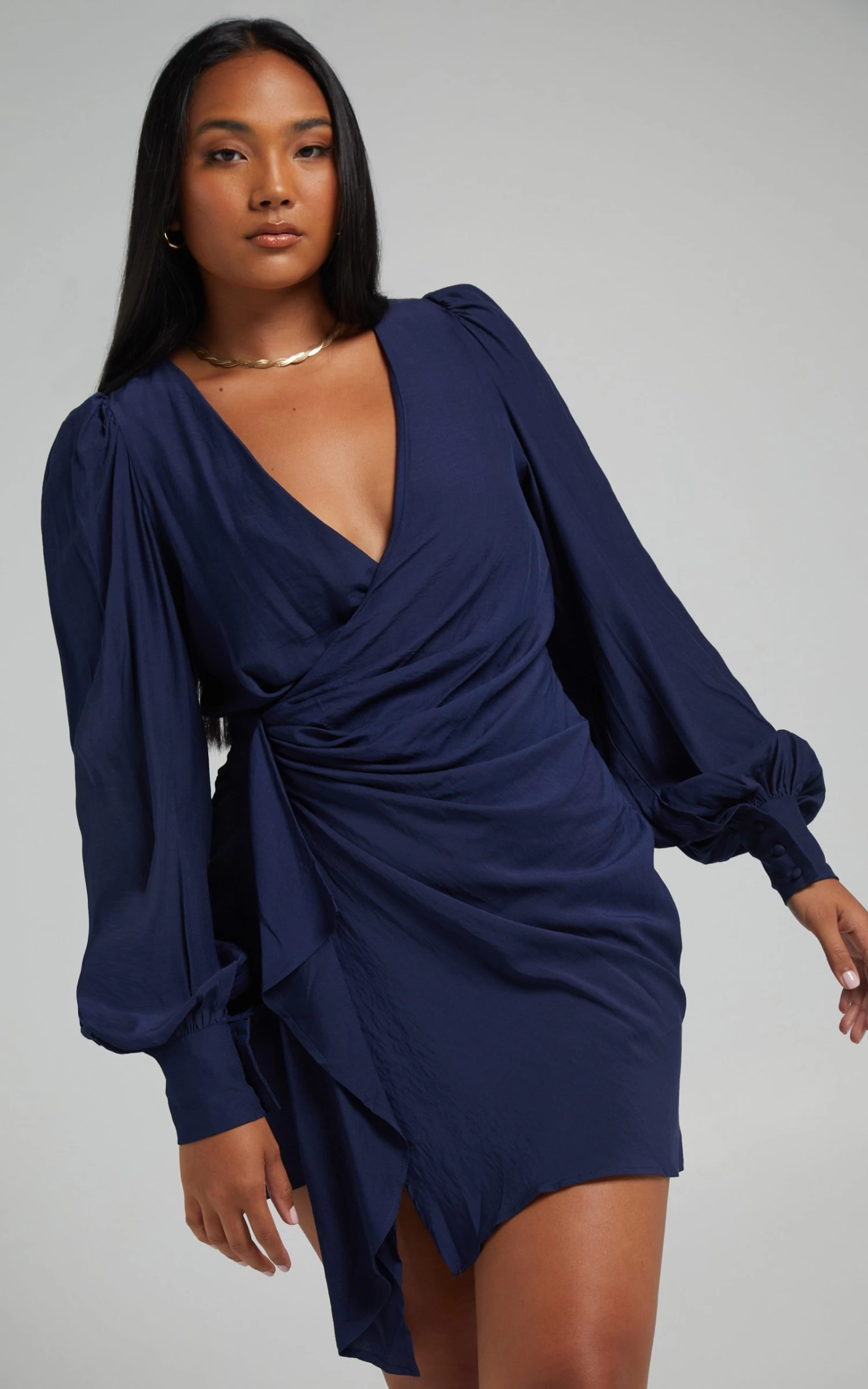 Showpo Bellefleur Faux Wrap Mini Dress In Navy - Image 3