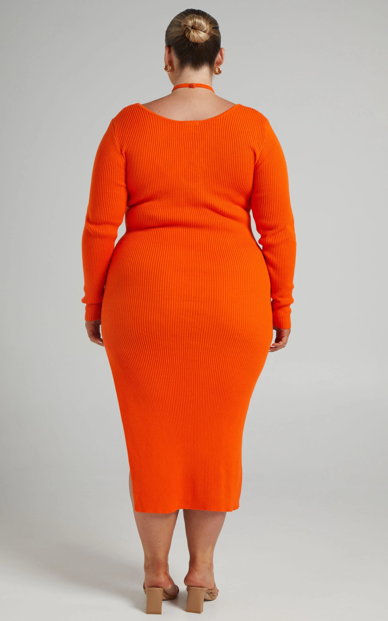 Showpo Vallery Ribbed Long Sleeve Halter Neck Midi Dress In Orange - Image 7