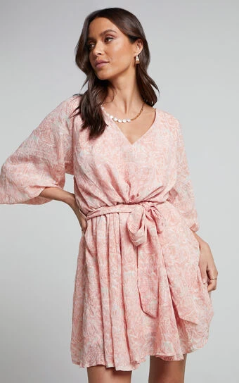 Showpo Raven Long Sleeve Mini Dress With Belt In Pink Floral