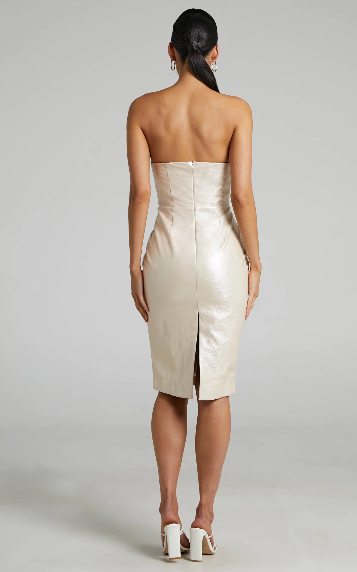 Showpo Reiko Strapless Patent Faux Leather Midi Dress In Oyster - Image 4