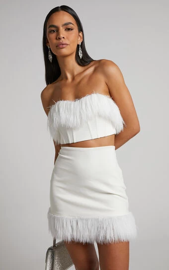 Showpo Rhaiza Mini Skirt - Faux Feather Trim High Waisted Skirt In White