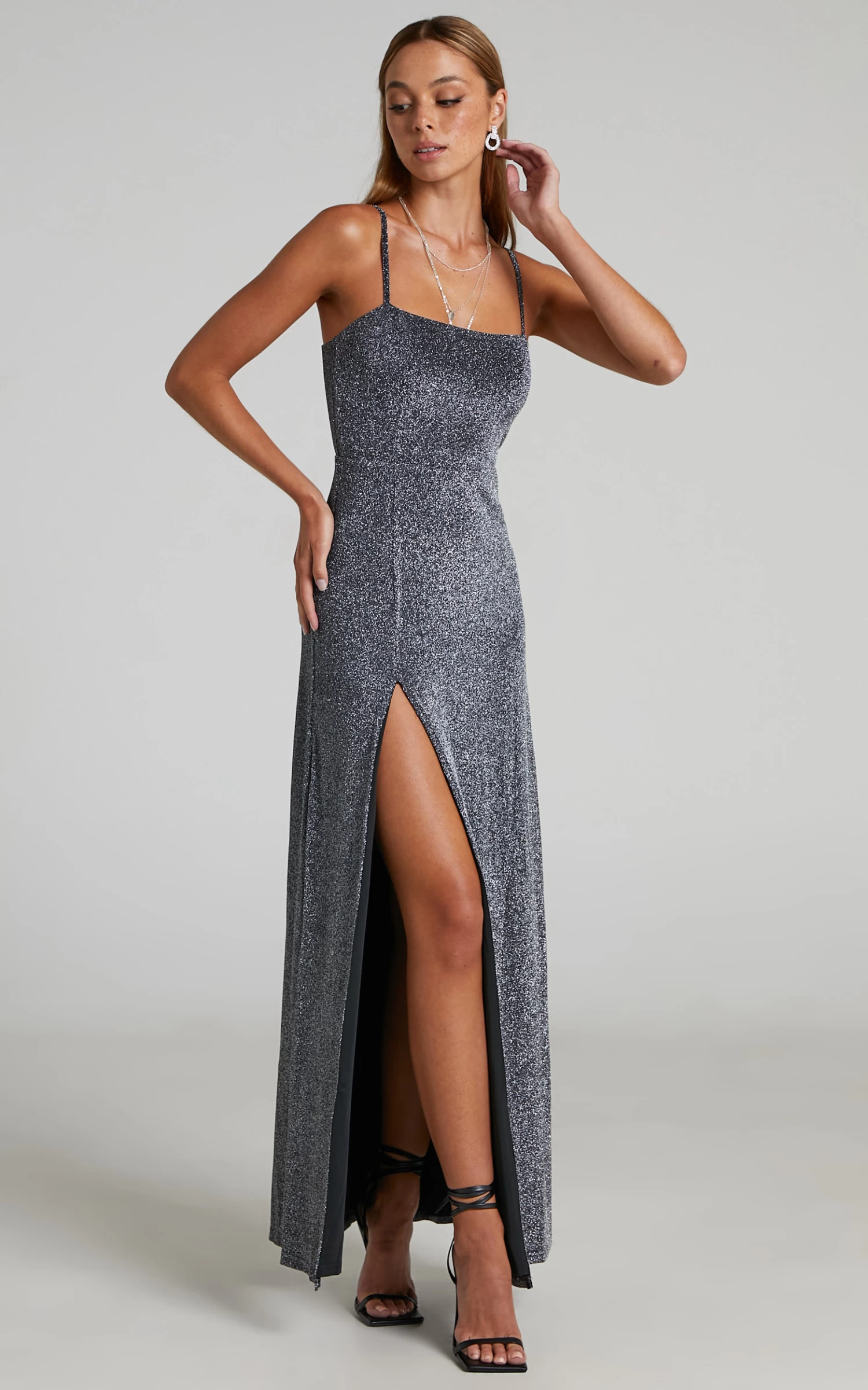 Showpo Rheannon Split Mesh Maxi Dress In Gunmetal Lurex - Image 4