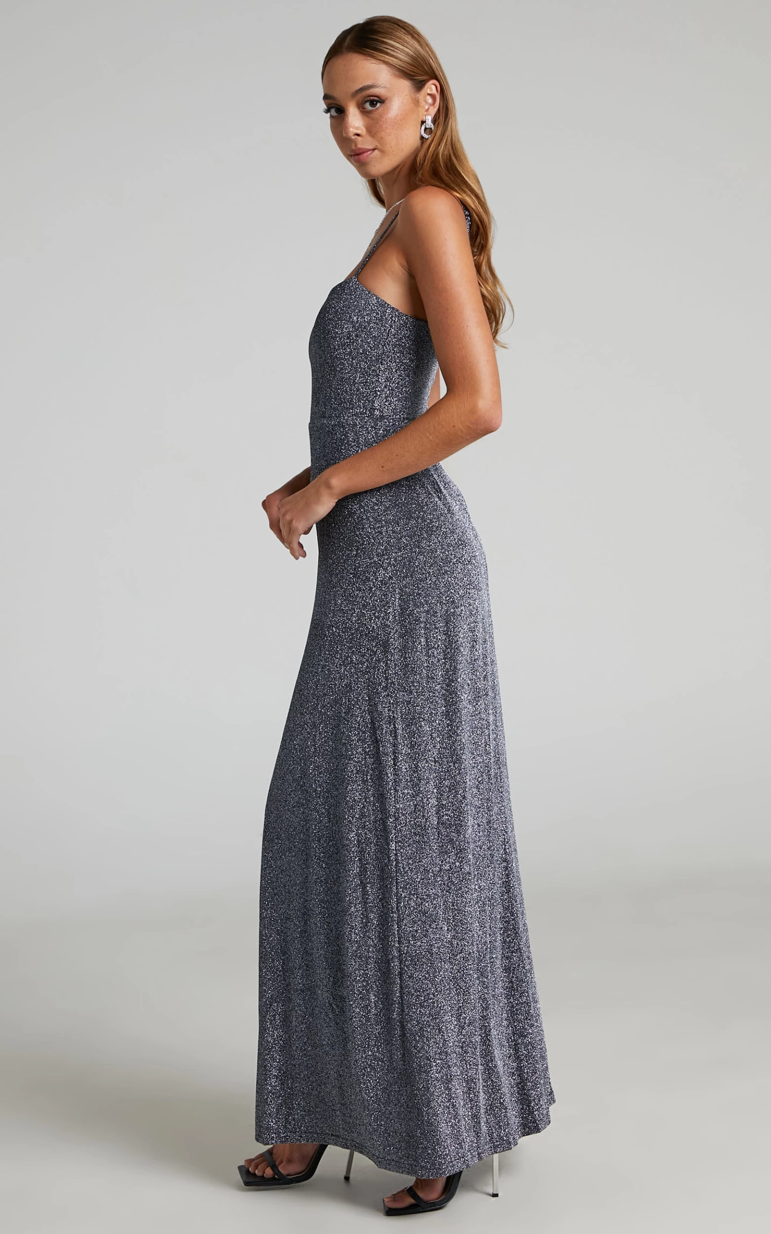 Showpo Rheannon Split Mesh Maxi Dress In Gunmetal Lurex - Image 6