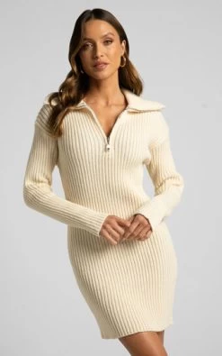 Showpo Rhenanita Quarter Zip Knit Dress In Cream