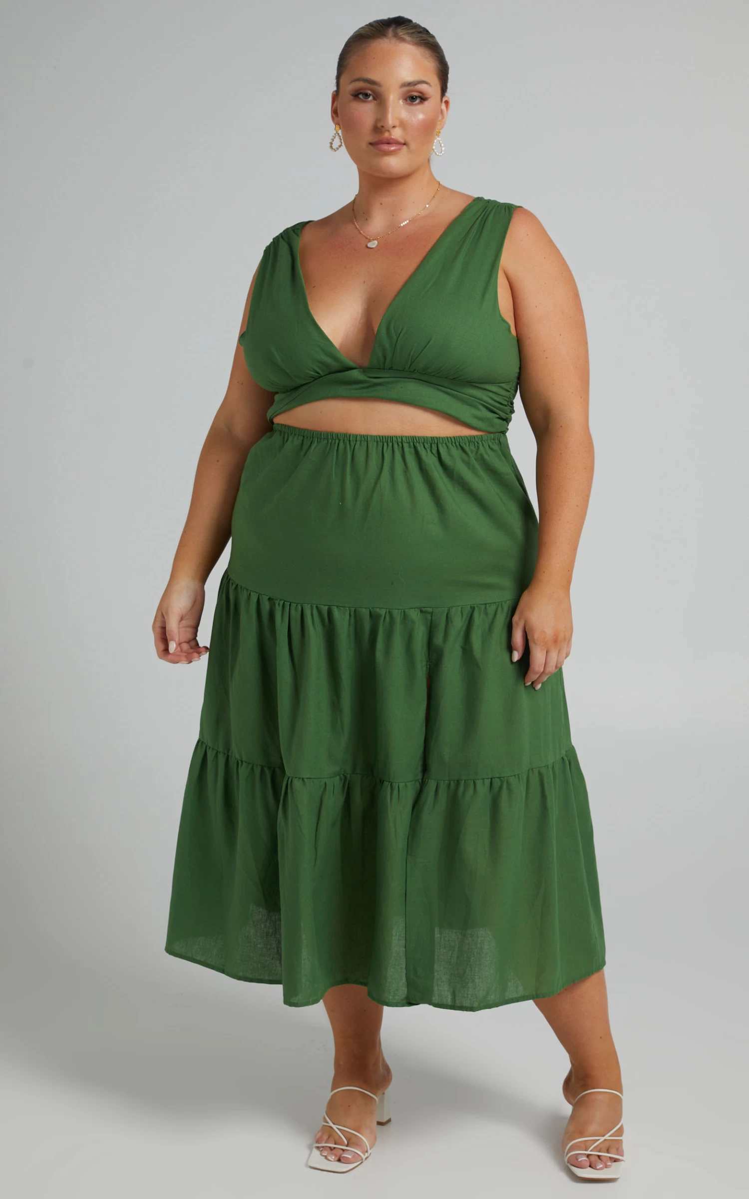 Showpo Spencer V Neck Cut Out Tiered Midi Dress In Green - Image 5