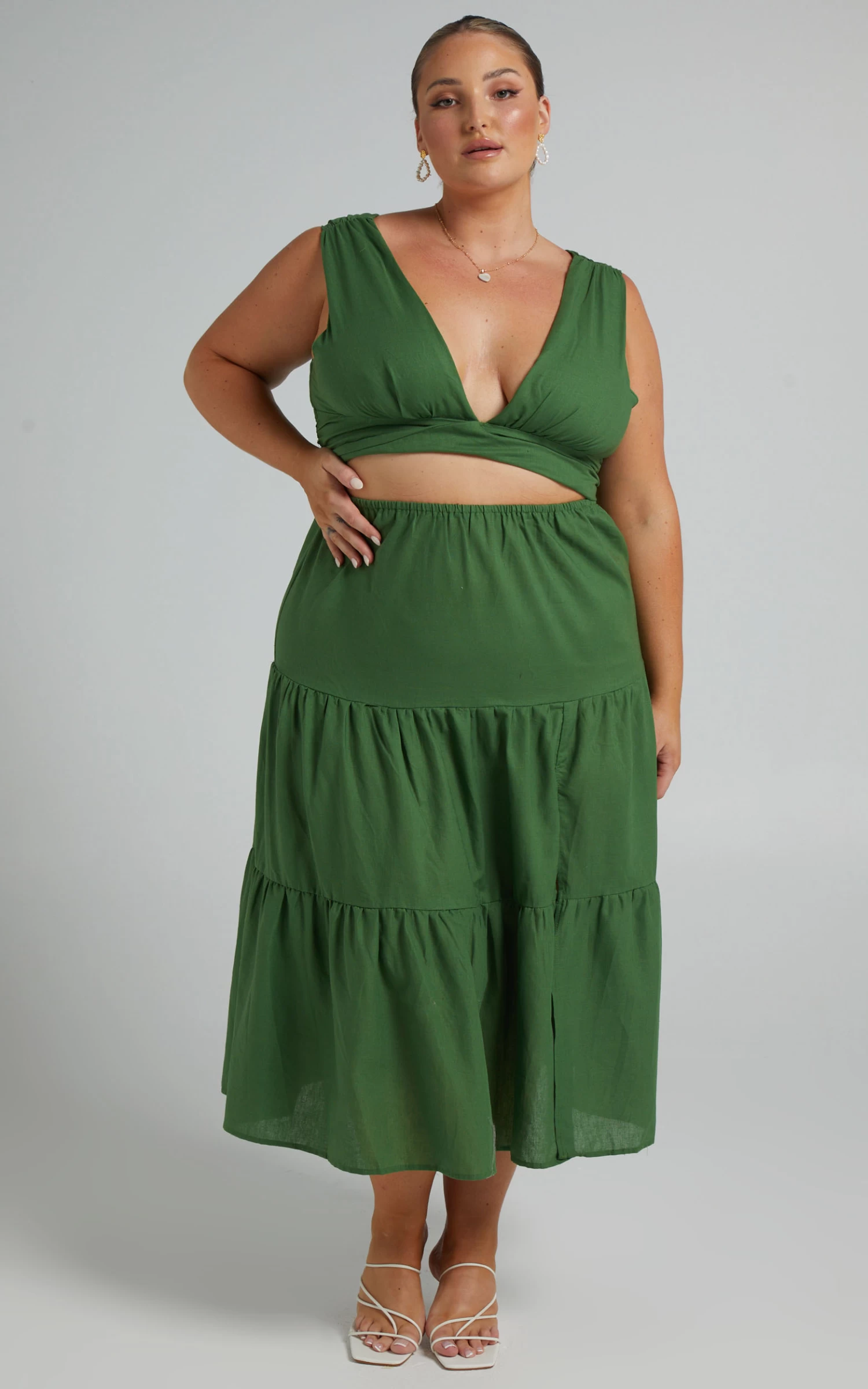 Showpo Spencer V Neck Cut Out Tiered Midi Dress In Green - Image 3