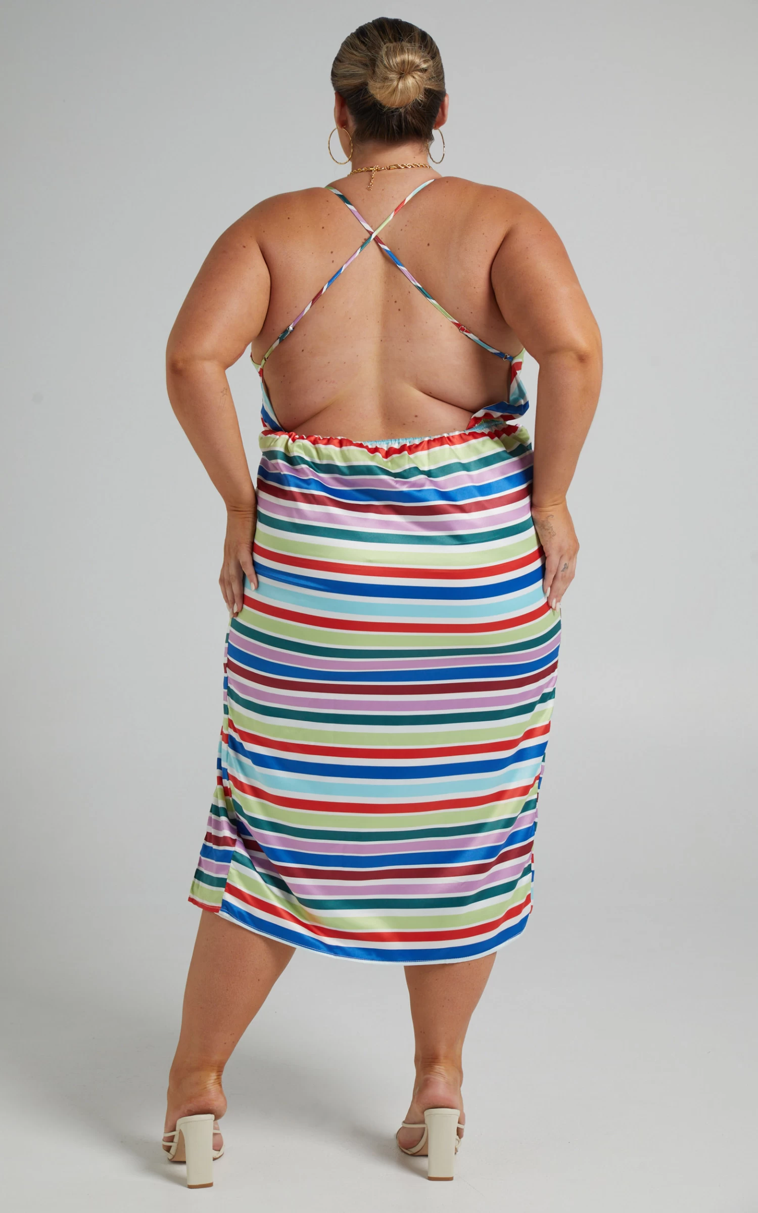 Showpo Fhel Strappy Twist Front Midi Dress In Multi Stripe Satin - Image 7