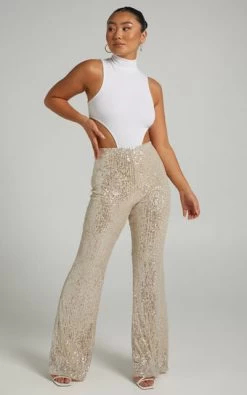 Showpo Deliza Mid Waisted Sequin Flare Pants In Champagne