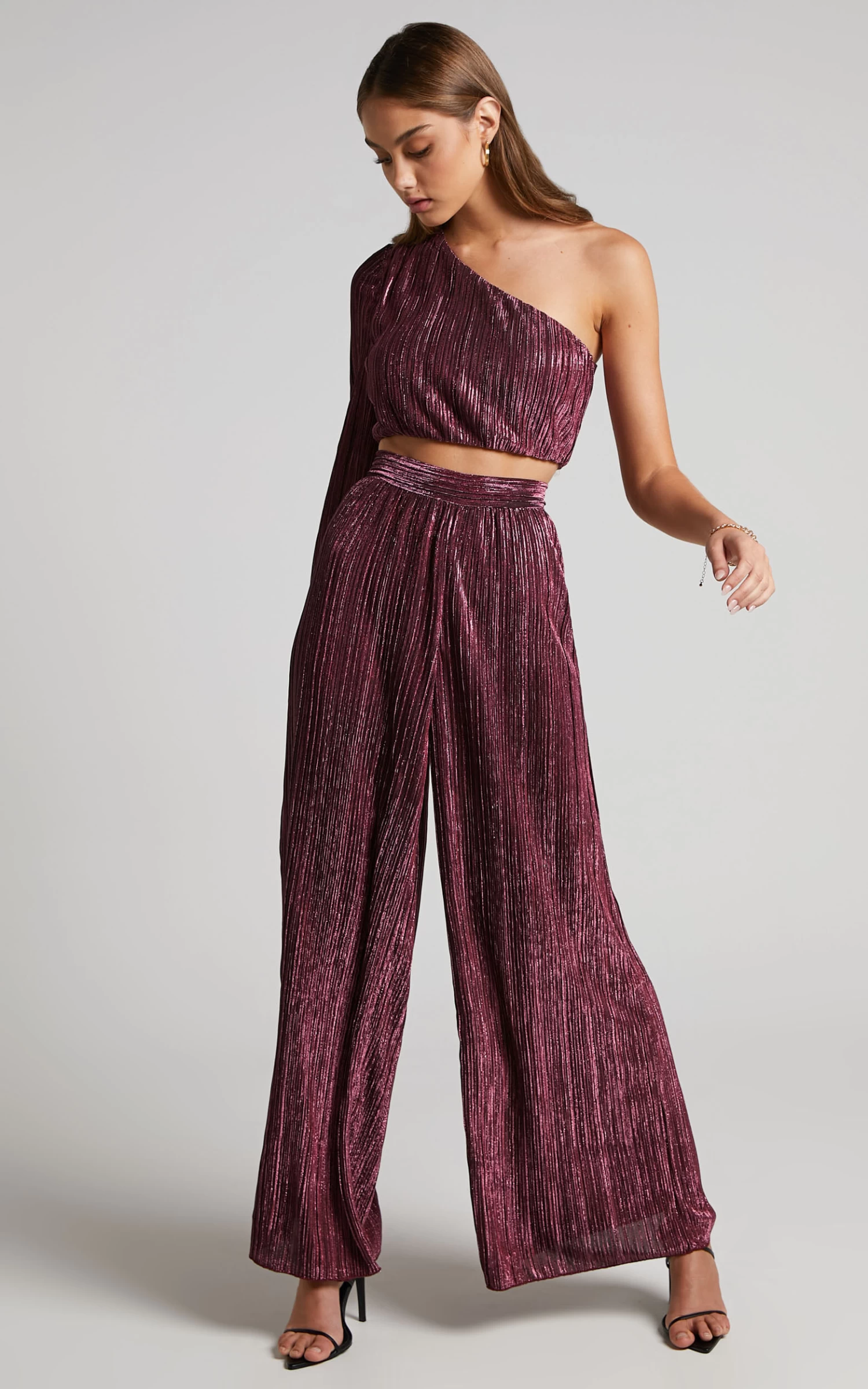 Showpo Roellah Top - Lurex Plisse One Shoulder Crop Top In Pink - Image 4