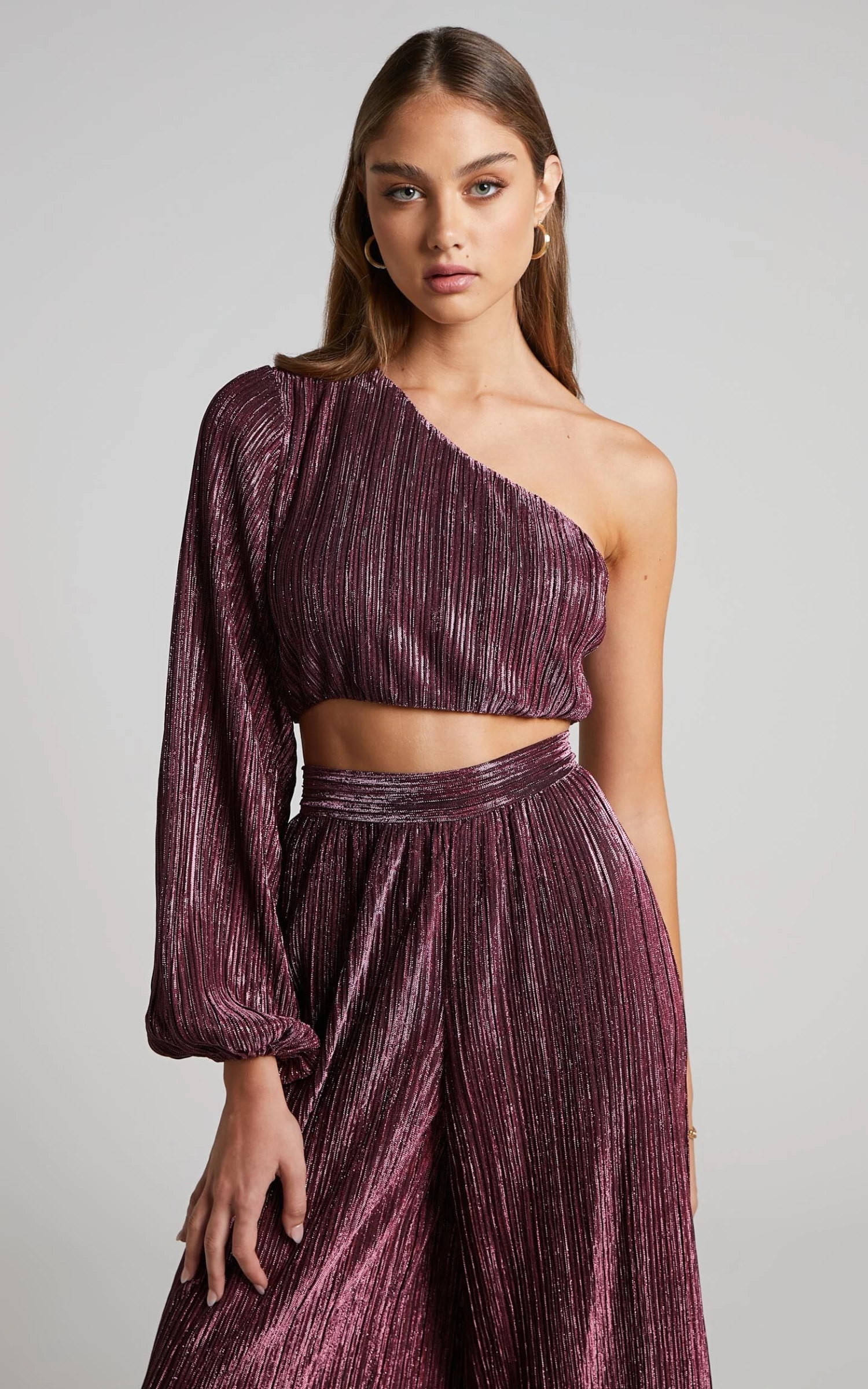 Showpo Roellah Top - Lurex Plisse One Shoulder Crop Top In Pink - Image 3