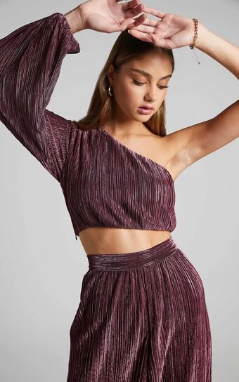 Showpo Roellah Top - Lurex Plisse One Shoulder Crop Top In Pink