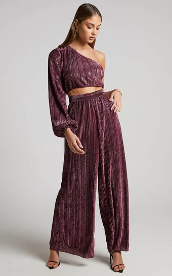Showpo Roellah Pants - High Waisted Lurex Plisse Relaxed Palazzo Pants In Plum