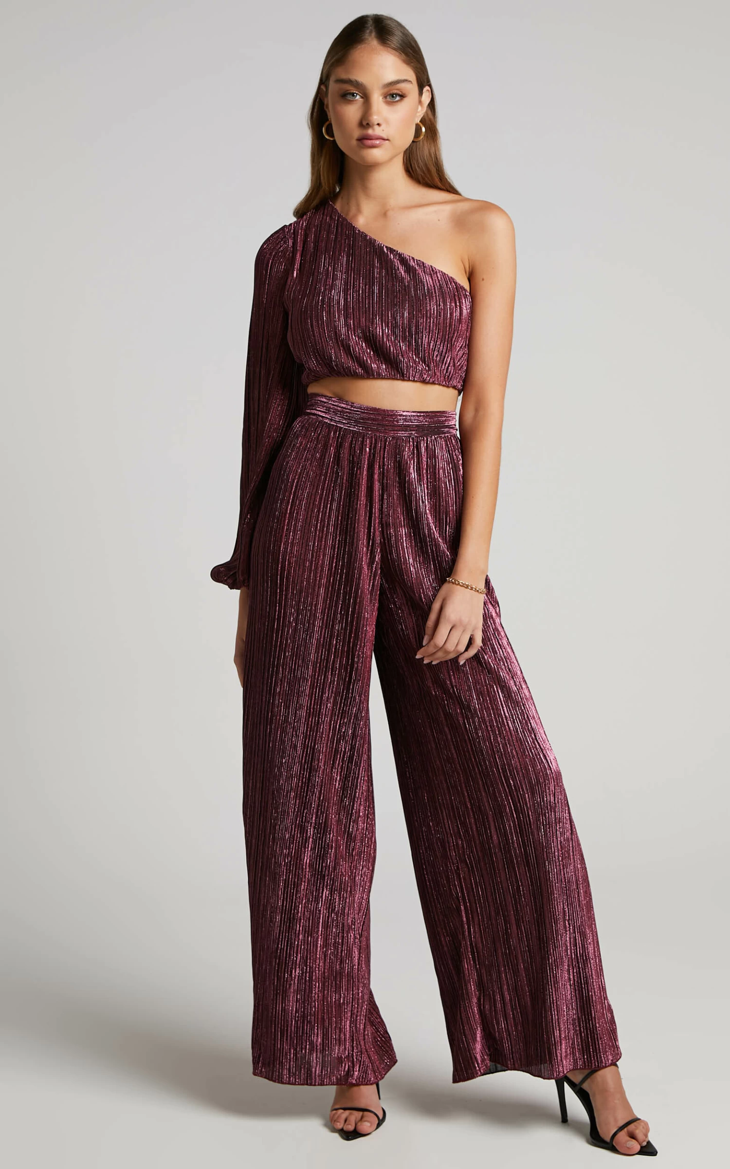 Showpo Roellah Pants - High Waisted Lurex Plisse Relaxed Palazzo Pants In Plum - Image 3