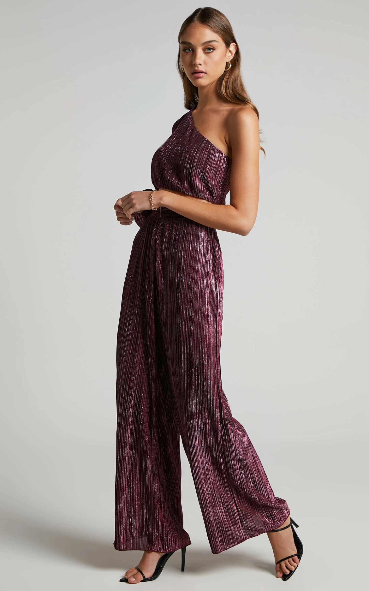 Showpo Roellah Pants - High Waisted Lurex Plisse Relaxed Palazzo Pants In Plum - Image 4
