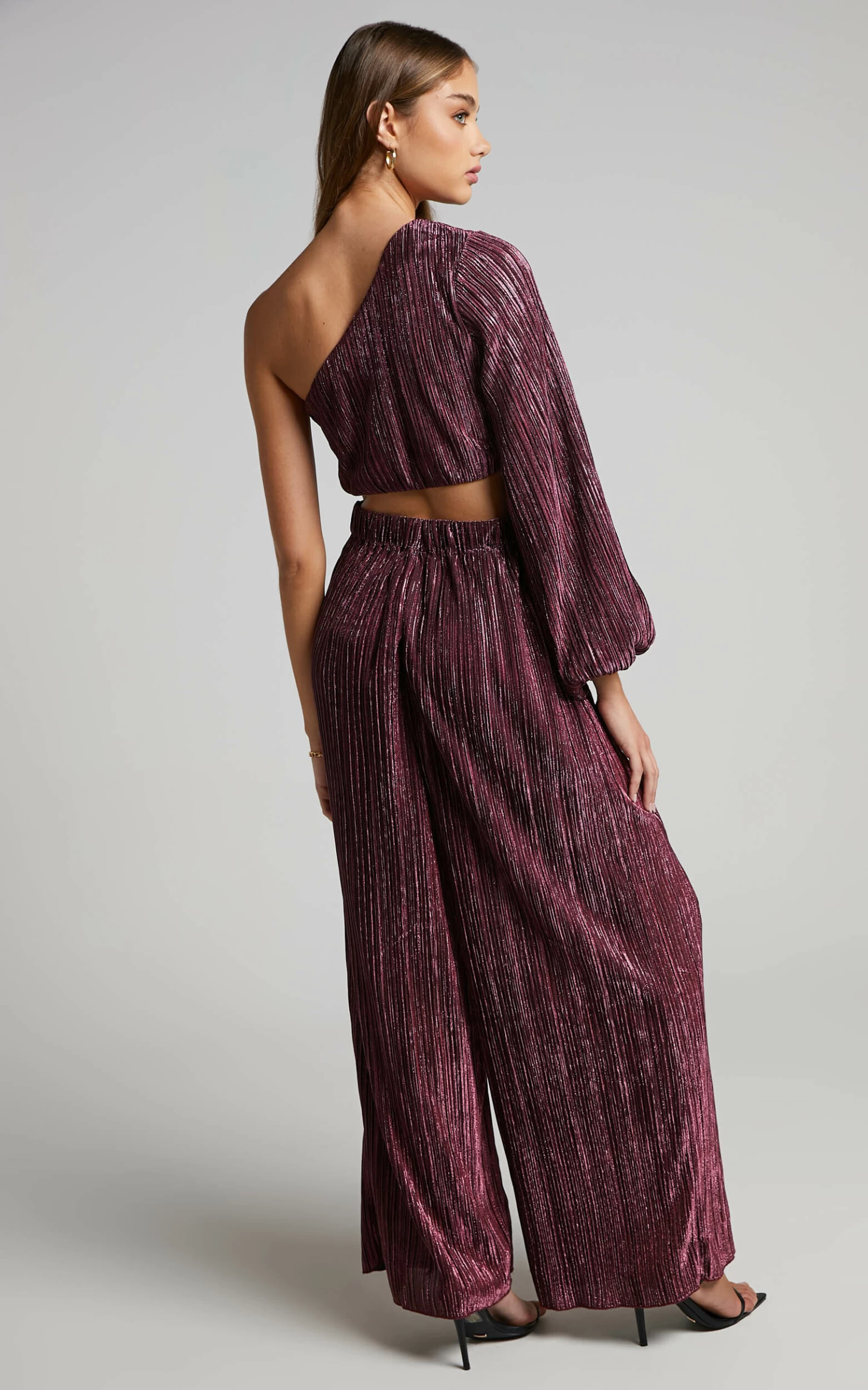 Showpo Roellah Pants - High Waisted Lurex Plisse Relaxed Palazzo Pants In Plum - Image 5