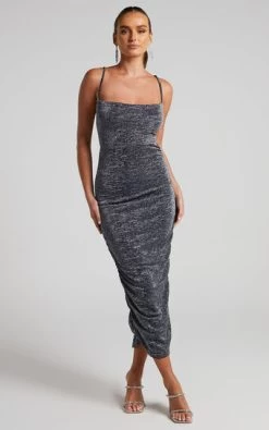 Showpo Roma Ruched Cowl Neck Midi Dress In Silver