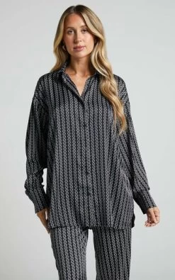 Showpo Rosetti Relaxed Button Down Longline Shirt In Black Chain