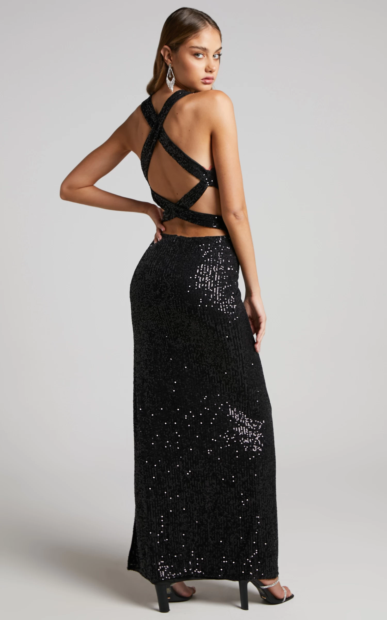 Showpo Rosmiah Maxi Dress - Sequin Plunge Cut Out Dress In Black - Image 5