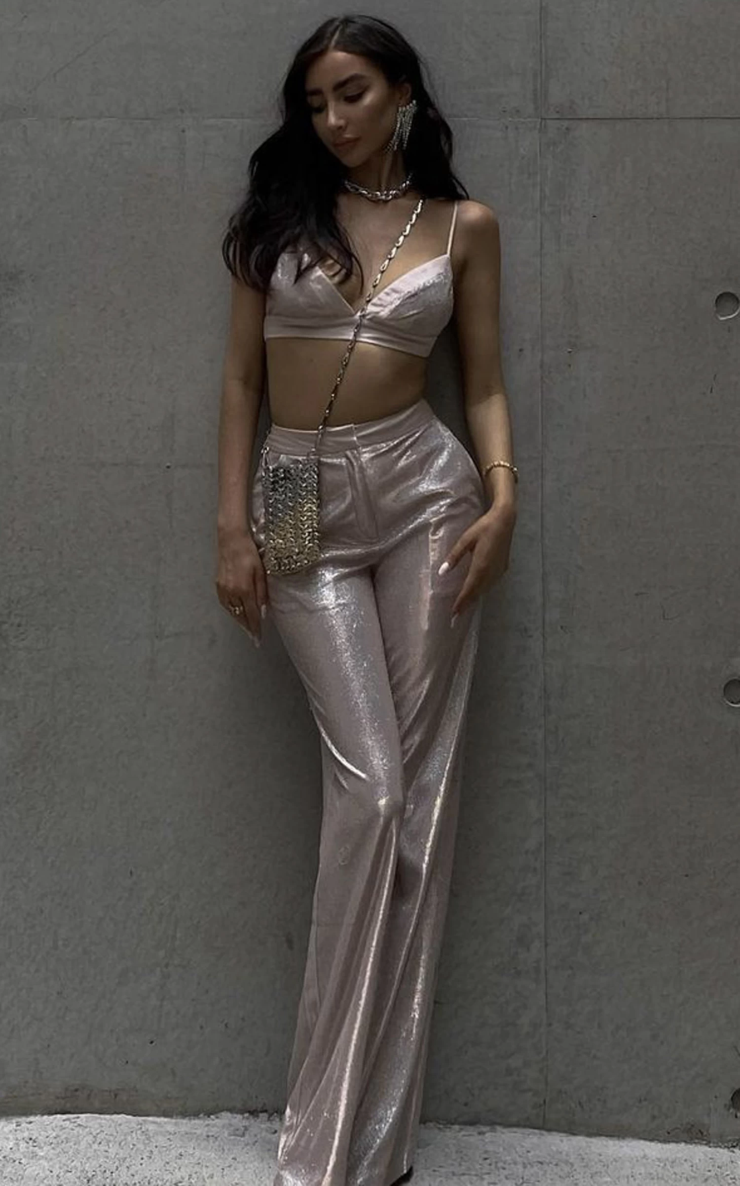 Showpo Sharleez Glitter High Waisted Tailored Wide Leg Pant In Rose Gold - Image 2