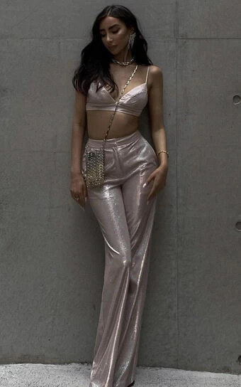Showpo Sharleez Glitter High Waisted Tailored Wide Leg Pant In Rose Gold