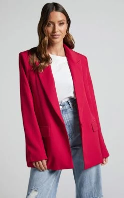 Showpo Sharmiel Plunge Neck Oversized Longline Blazer In Red