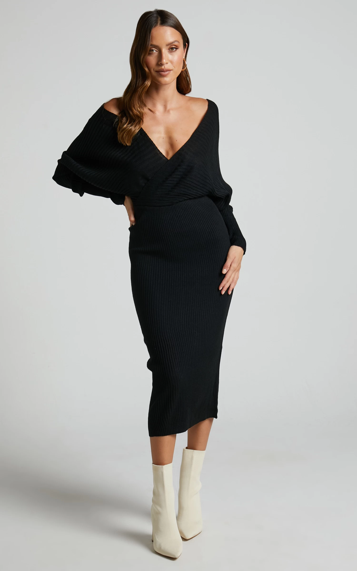 Showpo Sheikha Long Sleeve Off Shoulder Knit Midi Dress In Black - Image 3