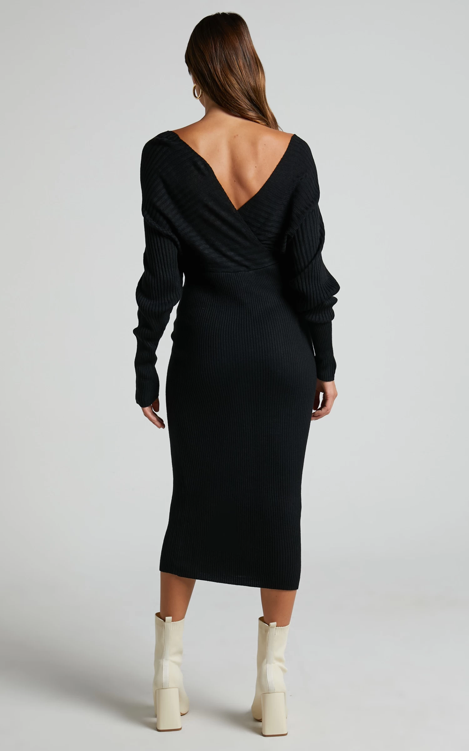 Showpo Sheikha Long Sleeve Off Shoulder Knit Midi Dress In Black - Image 8