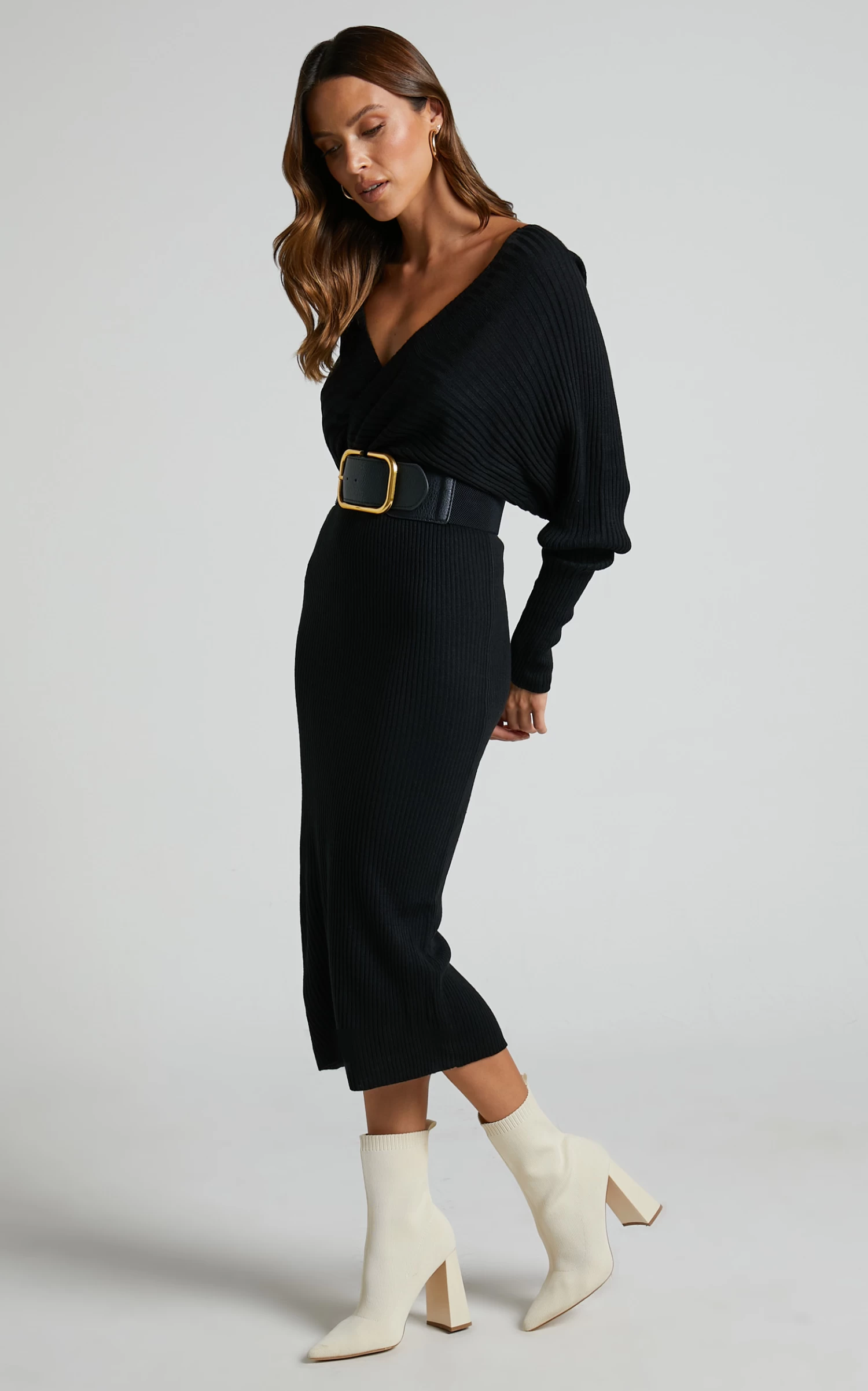 Showpo Sheikha Long Sleeve Off Shoulder Knit Midi Dress In Black - Image 7