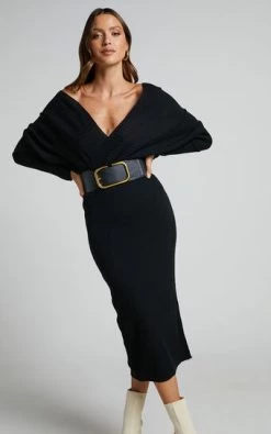 Showpo Sheikha Long Sleeve Off Shoulder Knit Midi Dress In Black