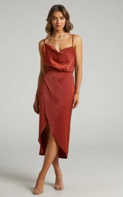 Showpo Sisters By Heart Asymmetric Cowl Neck Midi Dress In Copper Satin