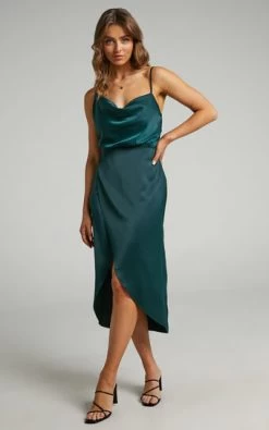 Showpo Sisters By Heart Asymmetric Cowl Neck Midi Dress In Emerald Satin