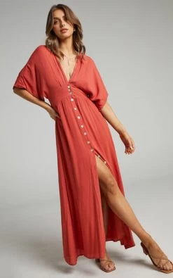 Showpo Sitting Pretty Dress In Rust