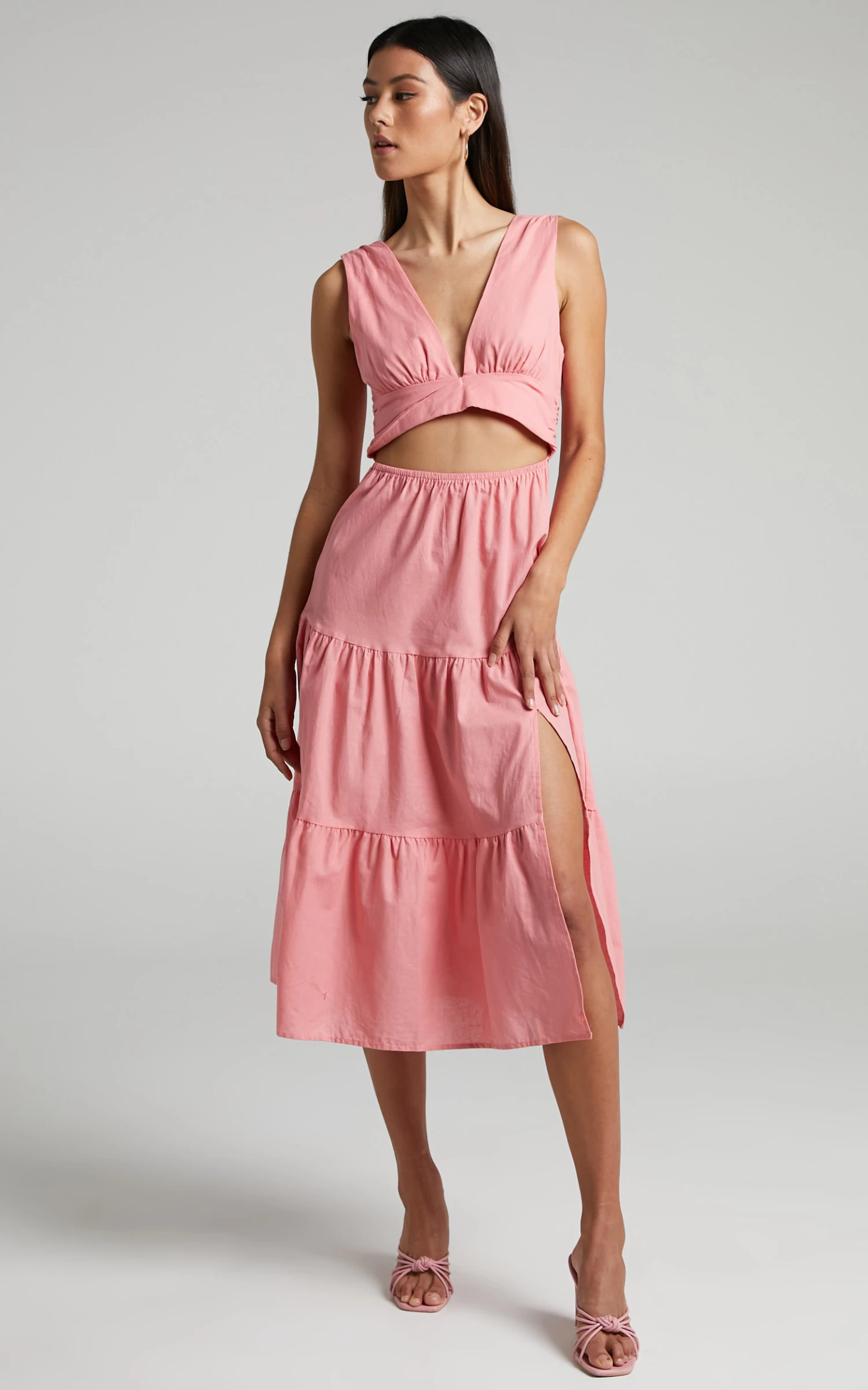 Showpo Spencer V Neck Cut Out Tiered Midi Dress In Dusty Pink - Image 3