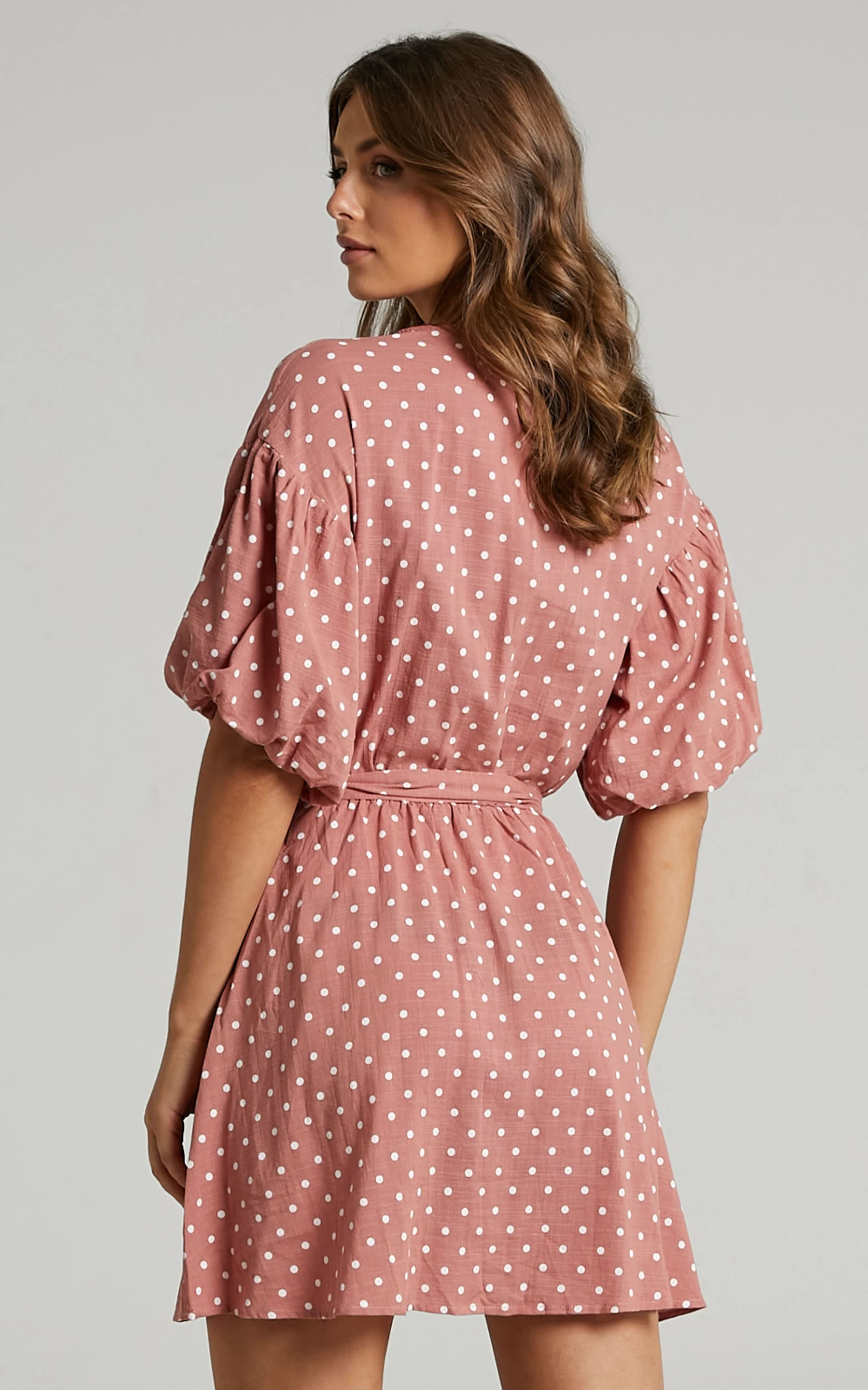 Showpo Steffany Wrap Style Mini Dress In Dusty Pink Spot - Image 8