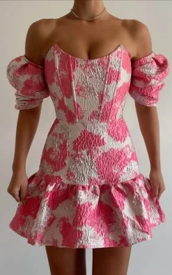 Showpo Brailey Mini Dress - Off Shoulder Corset Ruffle Hem Dress In Light Pink