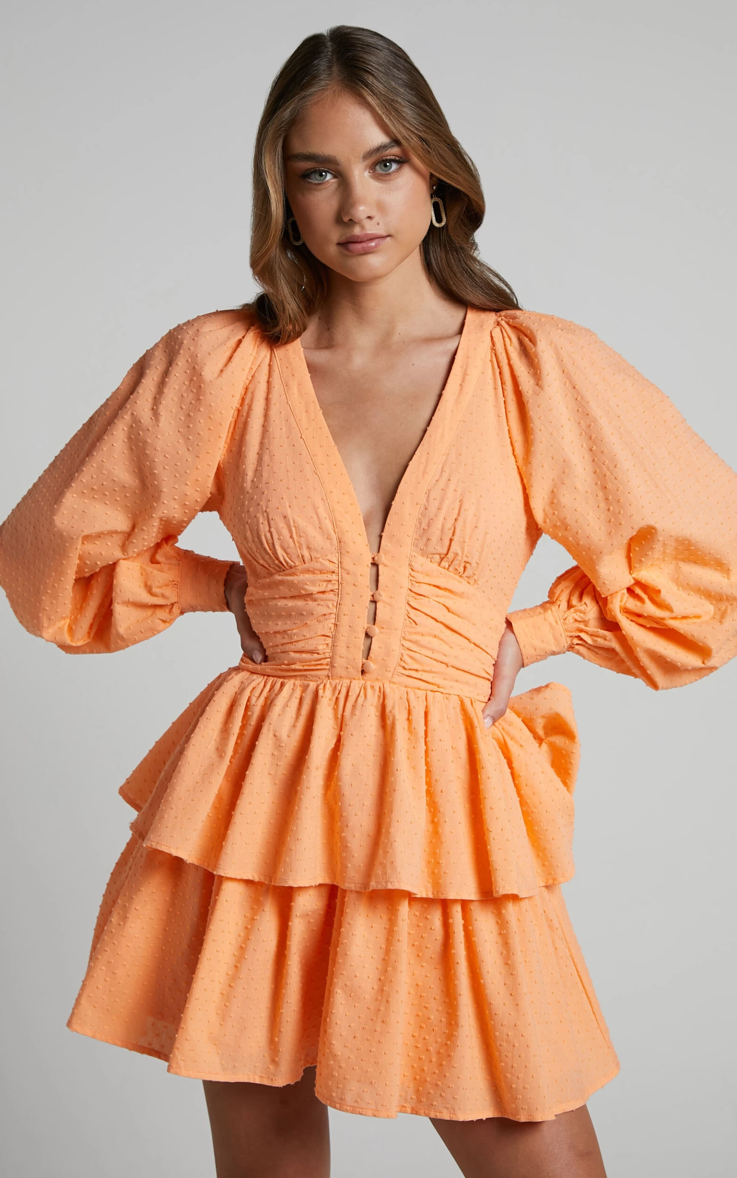 Showpo Suki Mini Dress - Plunge Neck Balloon Sleeve Tiered Ruffle Dress In Sherbet - Image 4