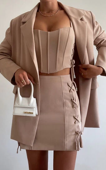 Showpo Kristitah Mini Skirt - Lace Up Skirt In Natural