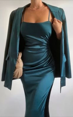 Showpo Hayien Blazer - Single Breasted Longline Satin Blazer In Teal