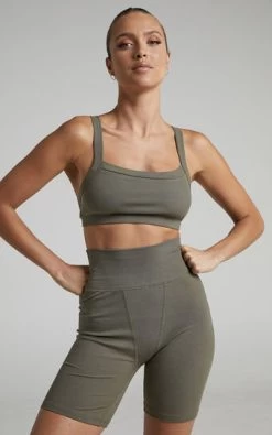 Showpo Tozeur Ribbed High Waist Bike Shorts In Khaki