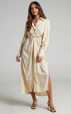 Showpo Trinidad Twist Front Button Through Maxi Dress In Sand