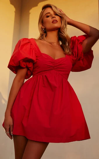 Showpo Vashti Mini Dress - Puff Sleeve Sweetheart Dress In Red