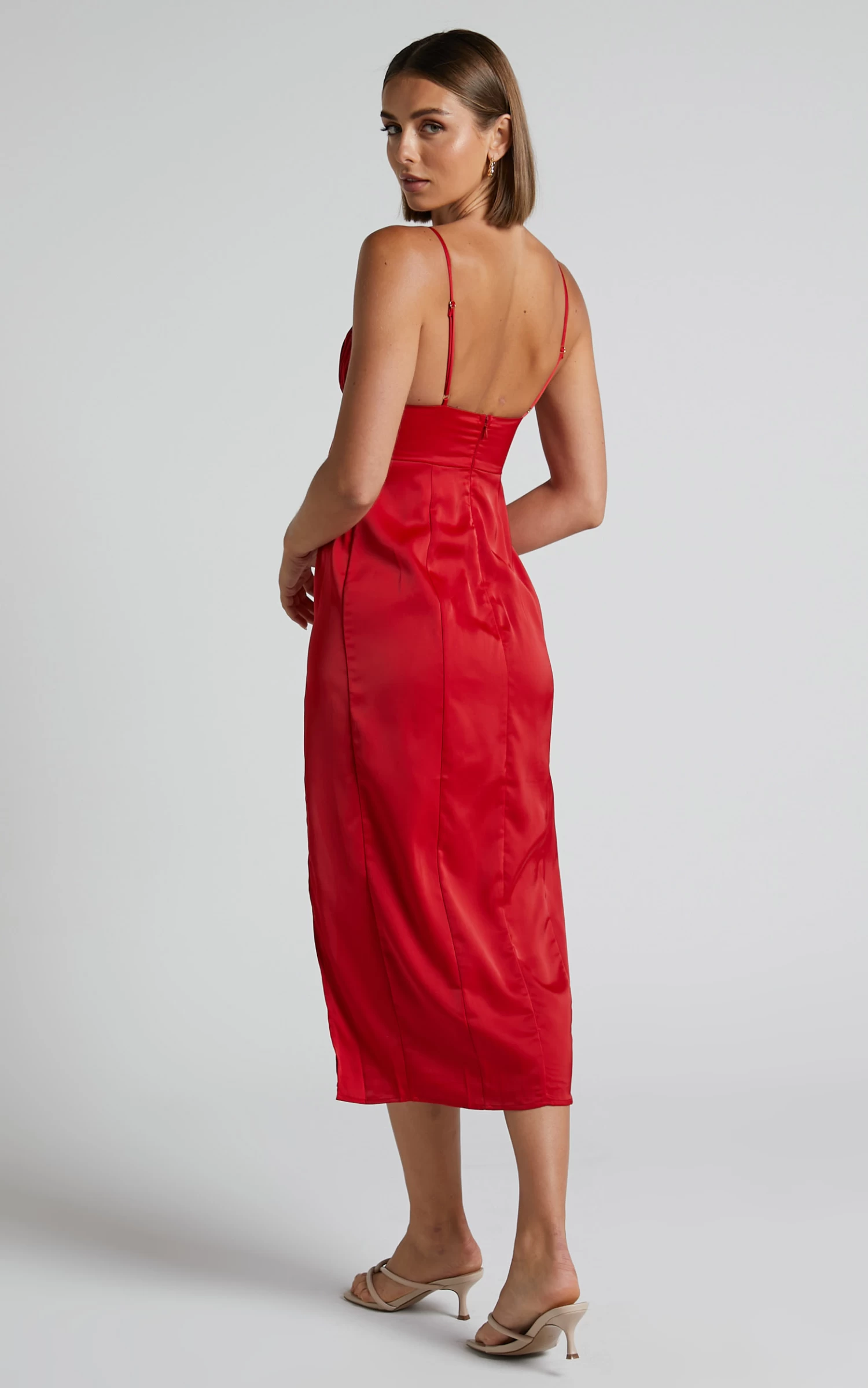 Showpo Wallace Midi Dress - Ruched Bust Thigh Split Dress In Red - Image 6