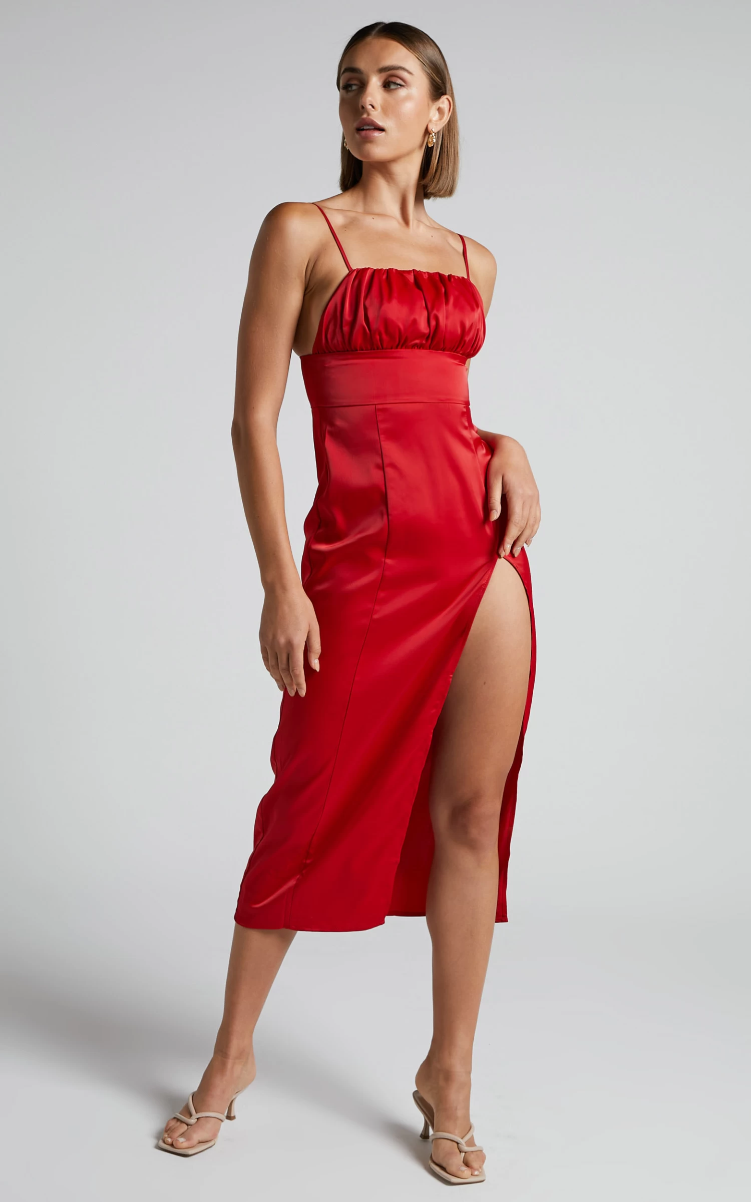 Showpo Wallace Midi Dress - Ruched Bust Thigh Split Dress In Red - Image 2