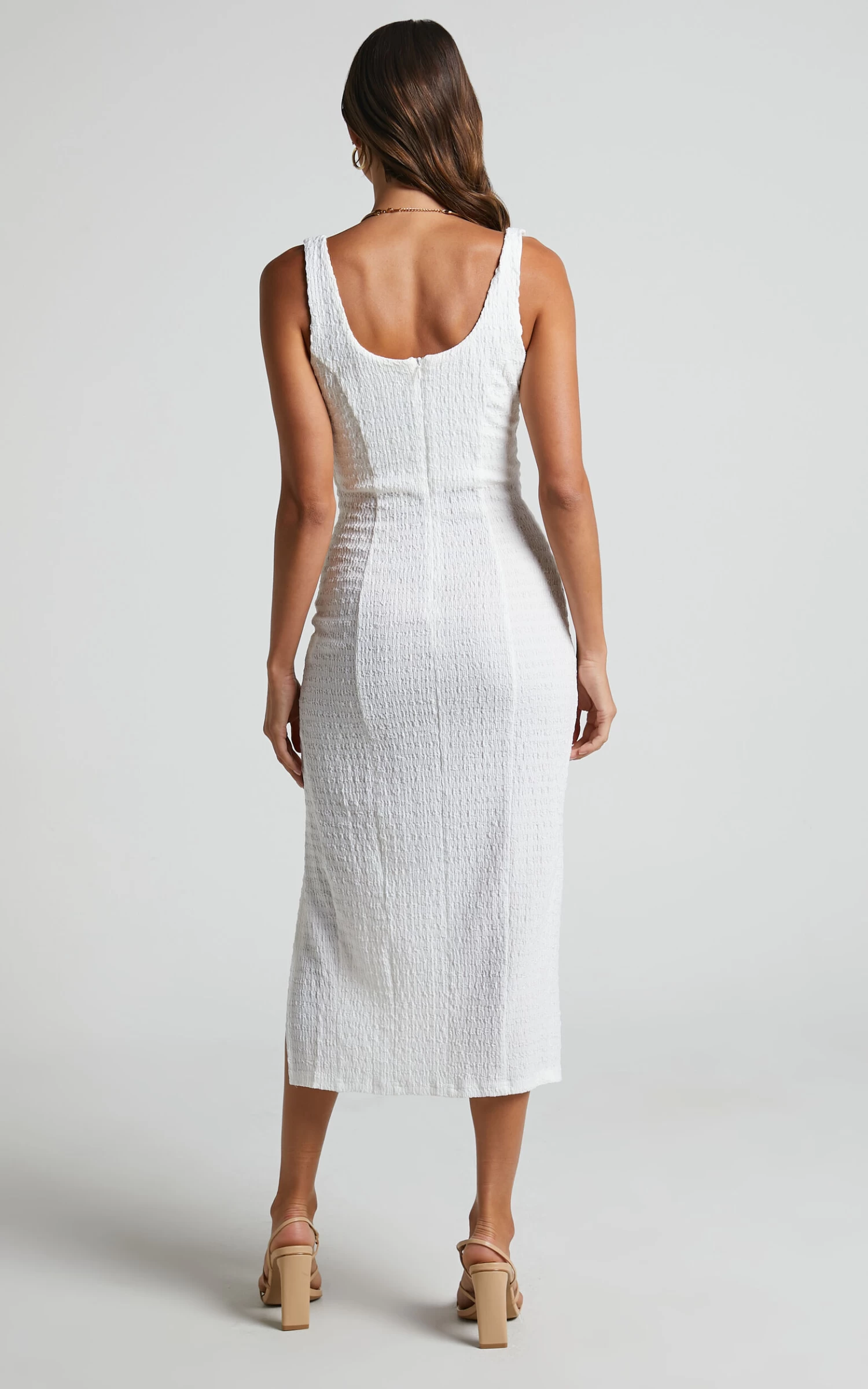 Showpo Wilder Midi Dress - Textured Thigh Split Bodycon Dress In Off White - Image 8