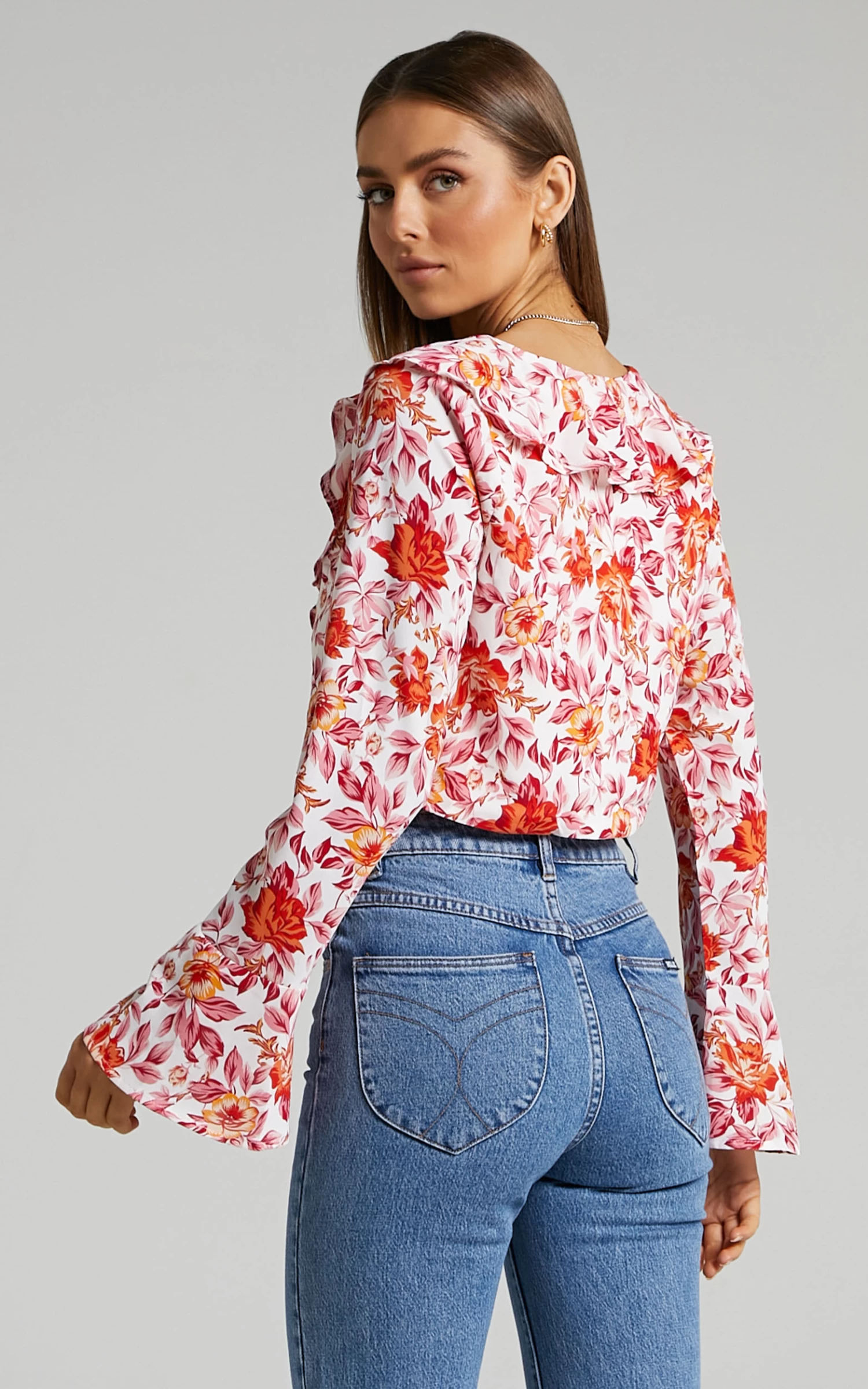 Showpo Wynna Tie Front Long Sleeve Top In Pink Red Floral - Image 4