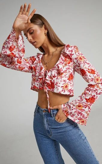 Showpo Wynna Tie Front Long Sleeve Top In Pink Red Floral